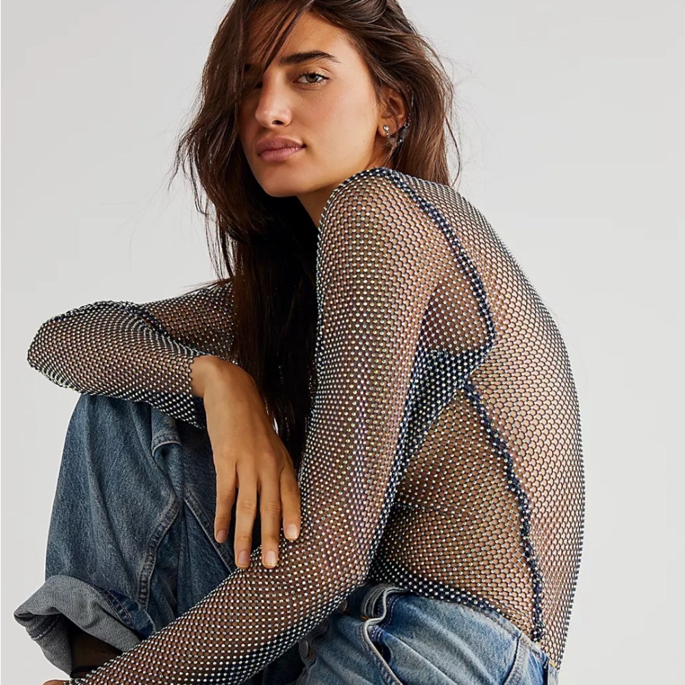 Free People Rhinestone Mesh Top